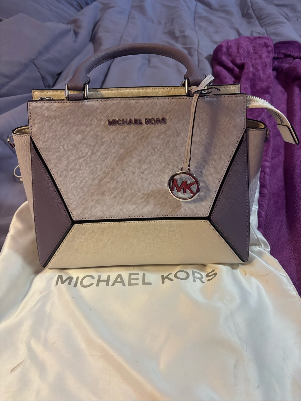 Michael Kors Cream and Lavender Paneled Satchel